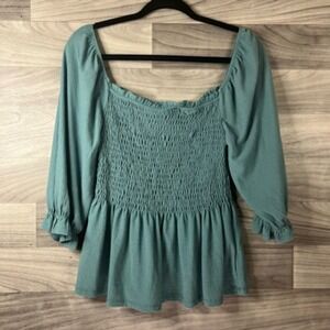Misia Womens Blouse Solid Blue 3/4 Sleeve Square Neck Smocked Bodice Knit S‎